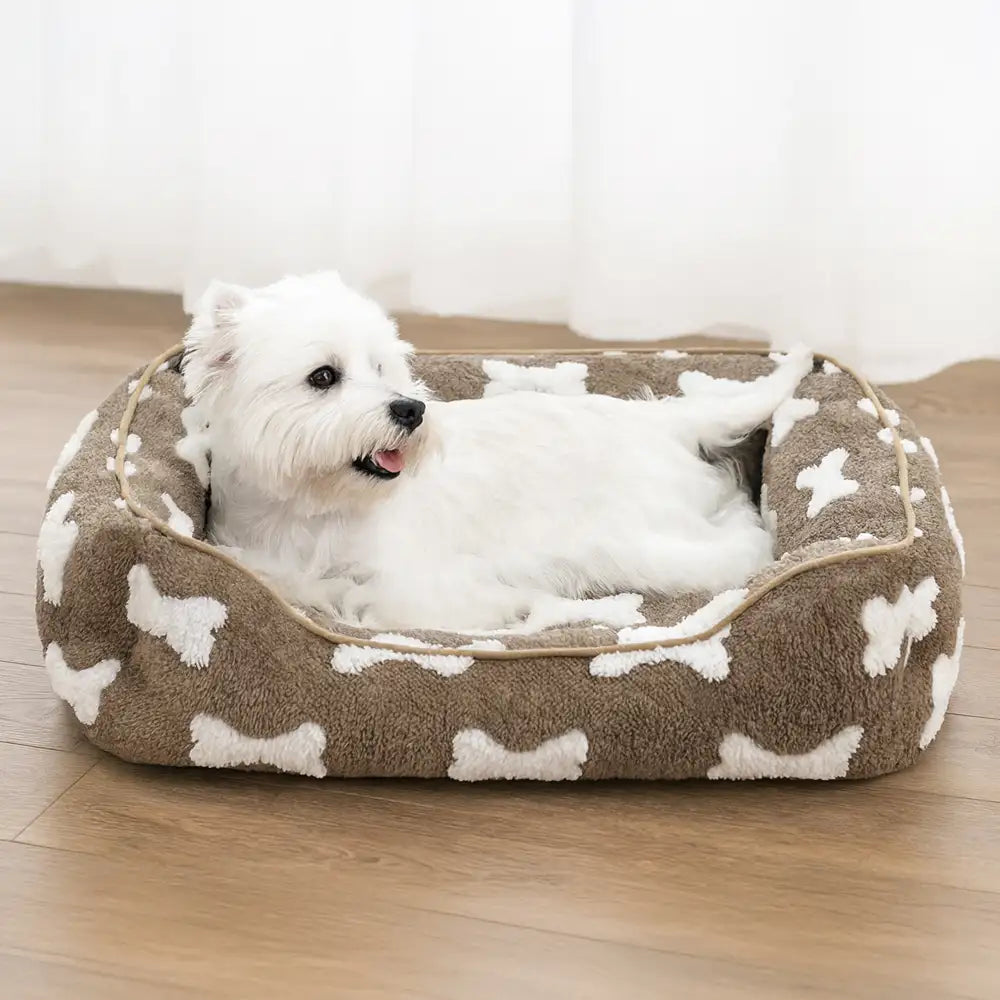 Lit pour chien en peluche à motif os carré pour sommeil profond