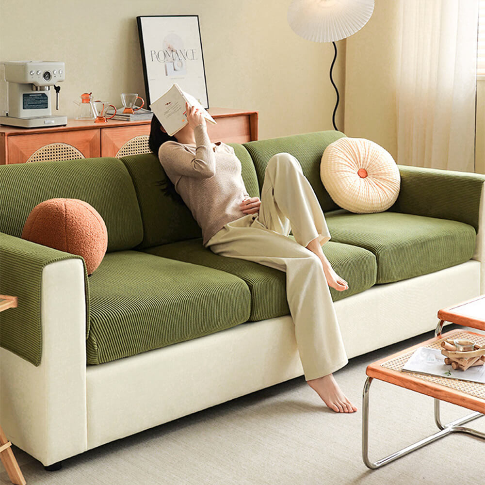 Housse de canapé extensible velours côtelé anti-rayures à rayures verticales