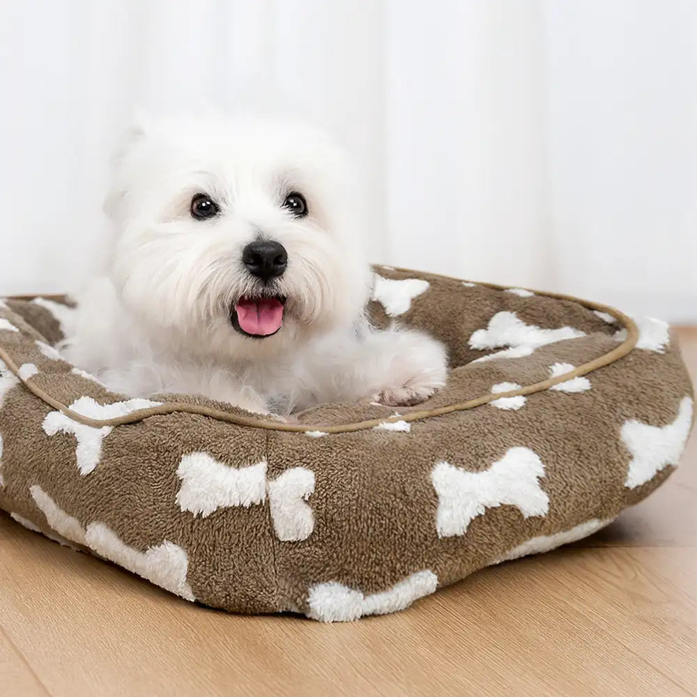 Lit pour chien en peluche à motif os carré pour sommeil profond
