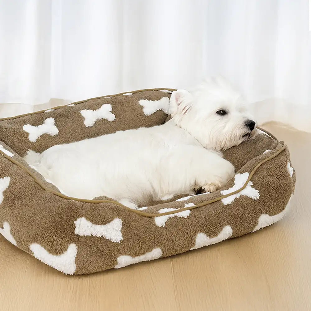 Lit pour chien en peluche à motif os carré pour sommeil profond