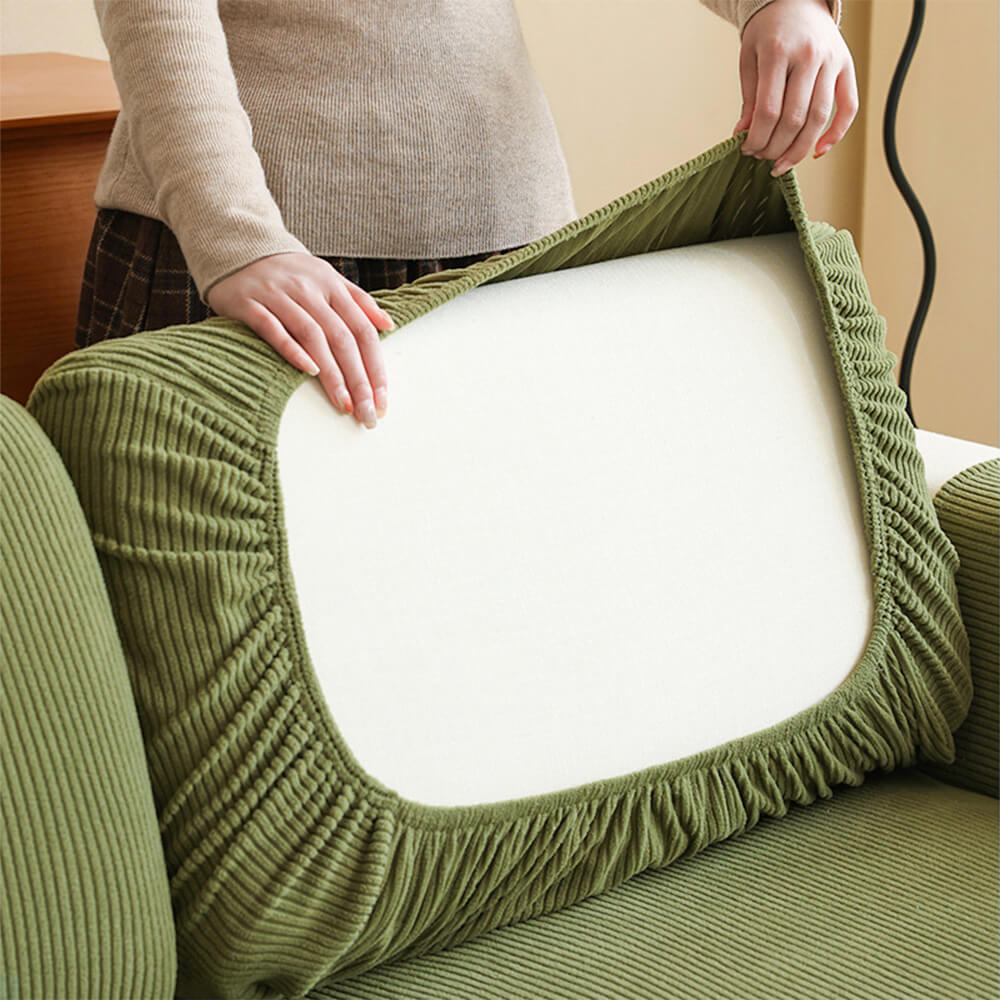 Housse de canapé extensible velours côtelé anti-rayures à rayures verticales