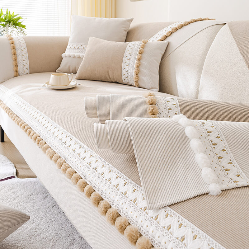 Housse de canapé velours côtelé doux toutes saisons imperméable anti-rayures avec pompons