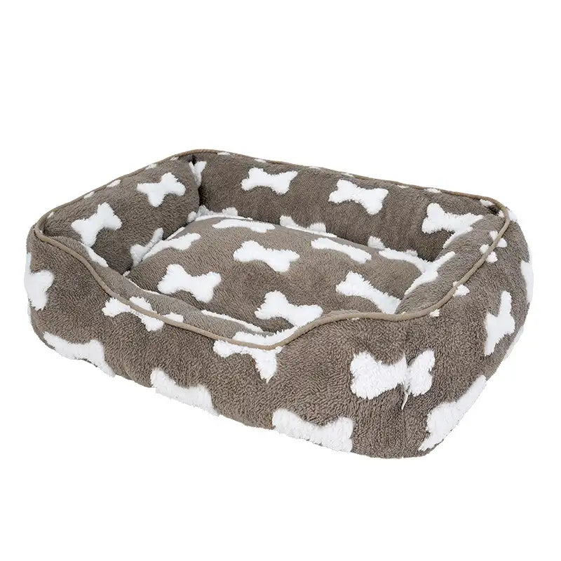 Lit pour chien en peluche à motif os carré pour sommeil profond