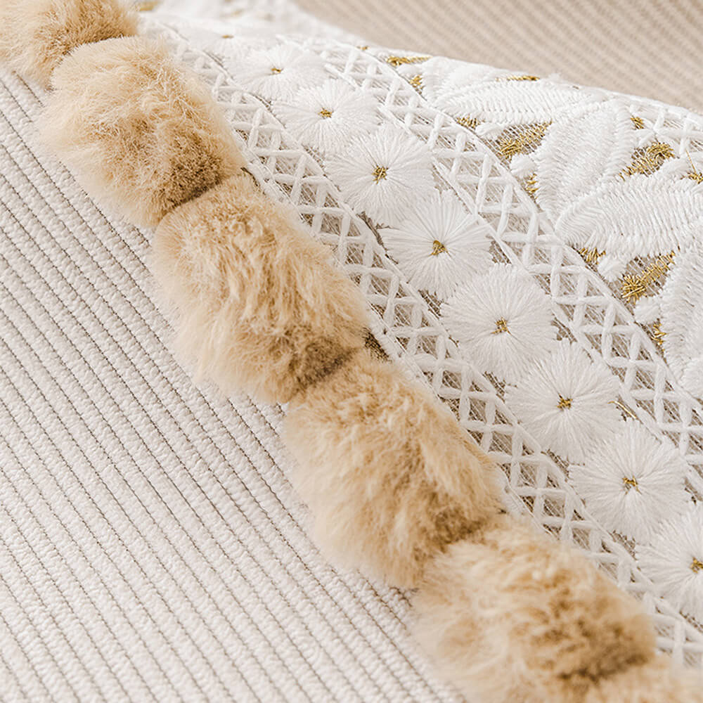 Housse de canapé velours côtelé doux toutes saisons imperméable anti-rayures avec pompons