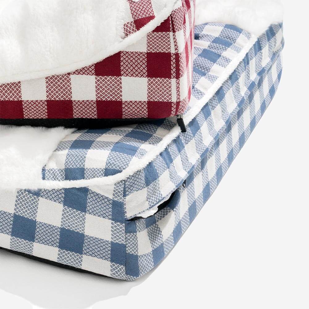 Lit rectangulaire pour chien avec tête de dossier à carreaux classiques et grand soutien apaisant - Dreamy Wave