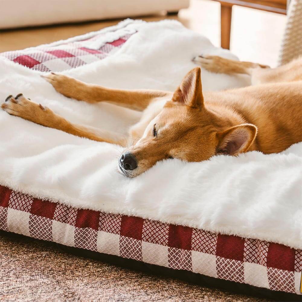 Lit rectangulaire pour chien avec tête de dossier à carreaux classiques et grand soutien apaisant - Dreamy Wave