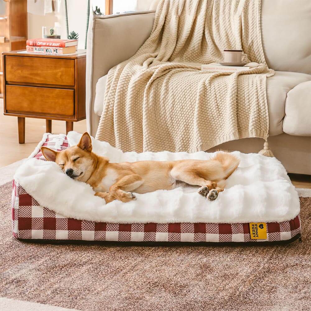 Lit rectangulaire pour chien avec tête de dossier à carreaux classiques et grand soutien apaisant - Dreamy Wave