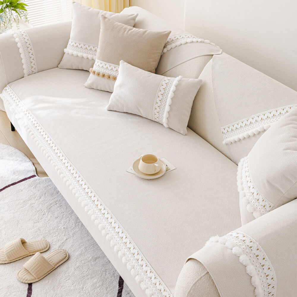 Housse de canapé velours côtelé doux toutes saisons imperméable anti-rayures avec pompons