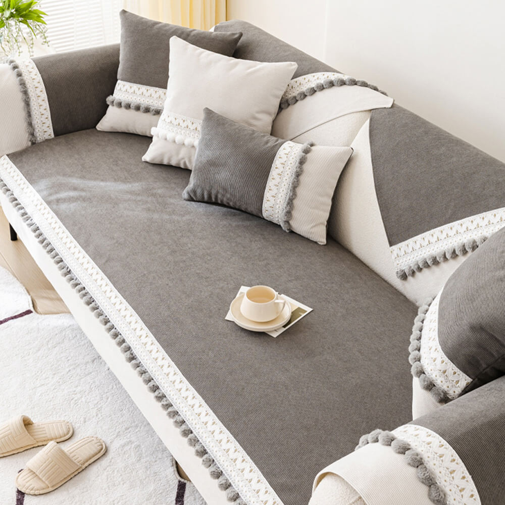 Housse de canapé velours côtelé doux toutes saisons imperméable anti-rayures avec pompons