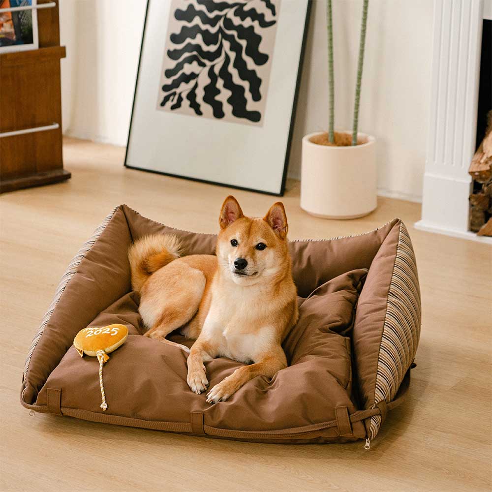 Lit de canapé pliable rayé naturel lavable pour chien - Lounger Mocca