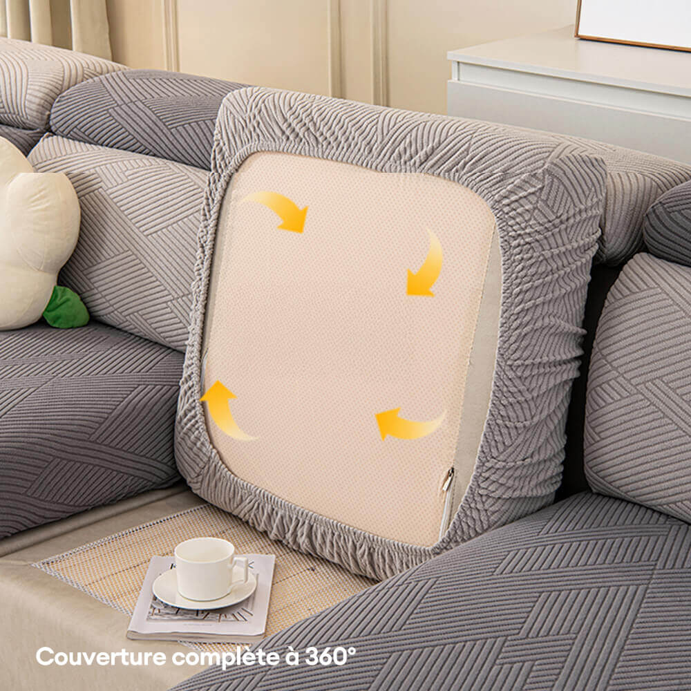 Housse de canapé magique stretch pleine largeur motif géométrique moderne