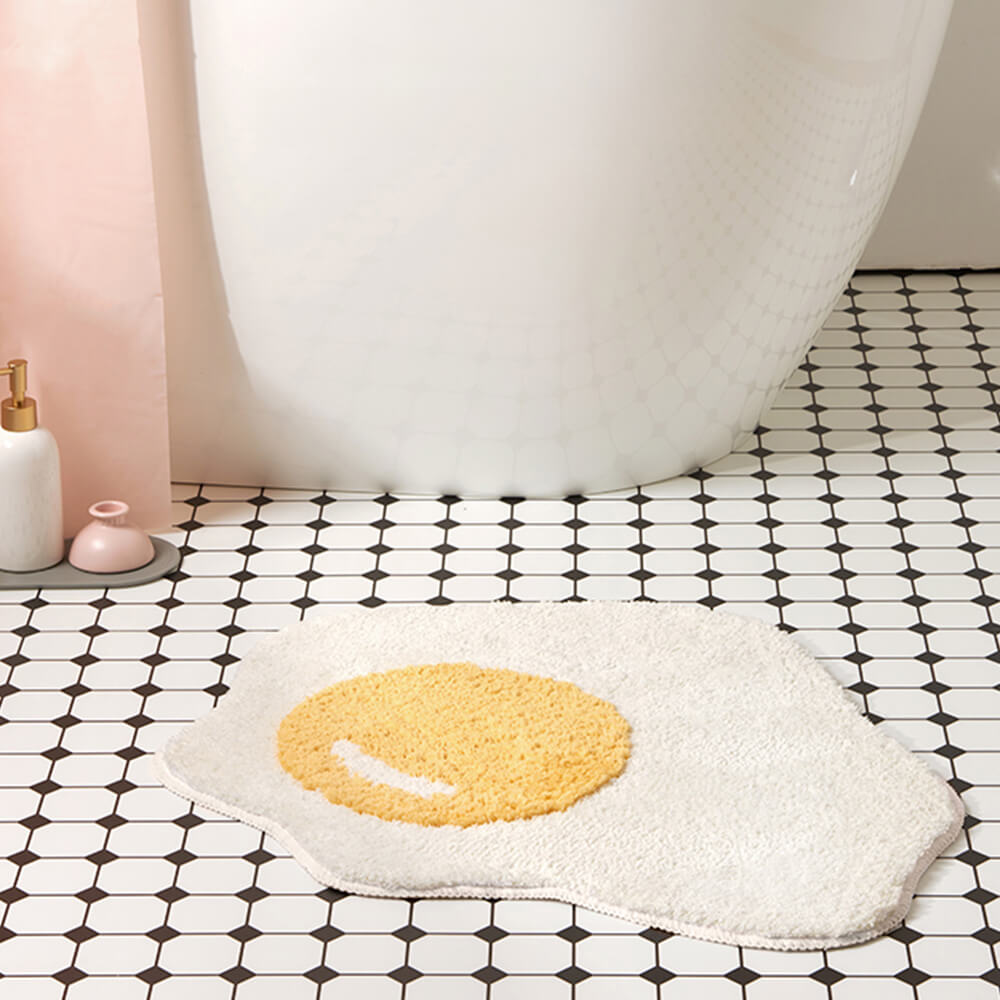Tapis de bain shaggy en forme d'oeuf au plat multifonction décoratif antidérapant