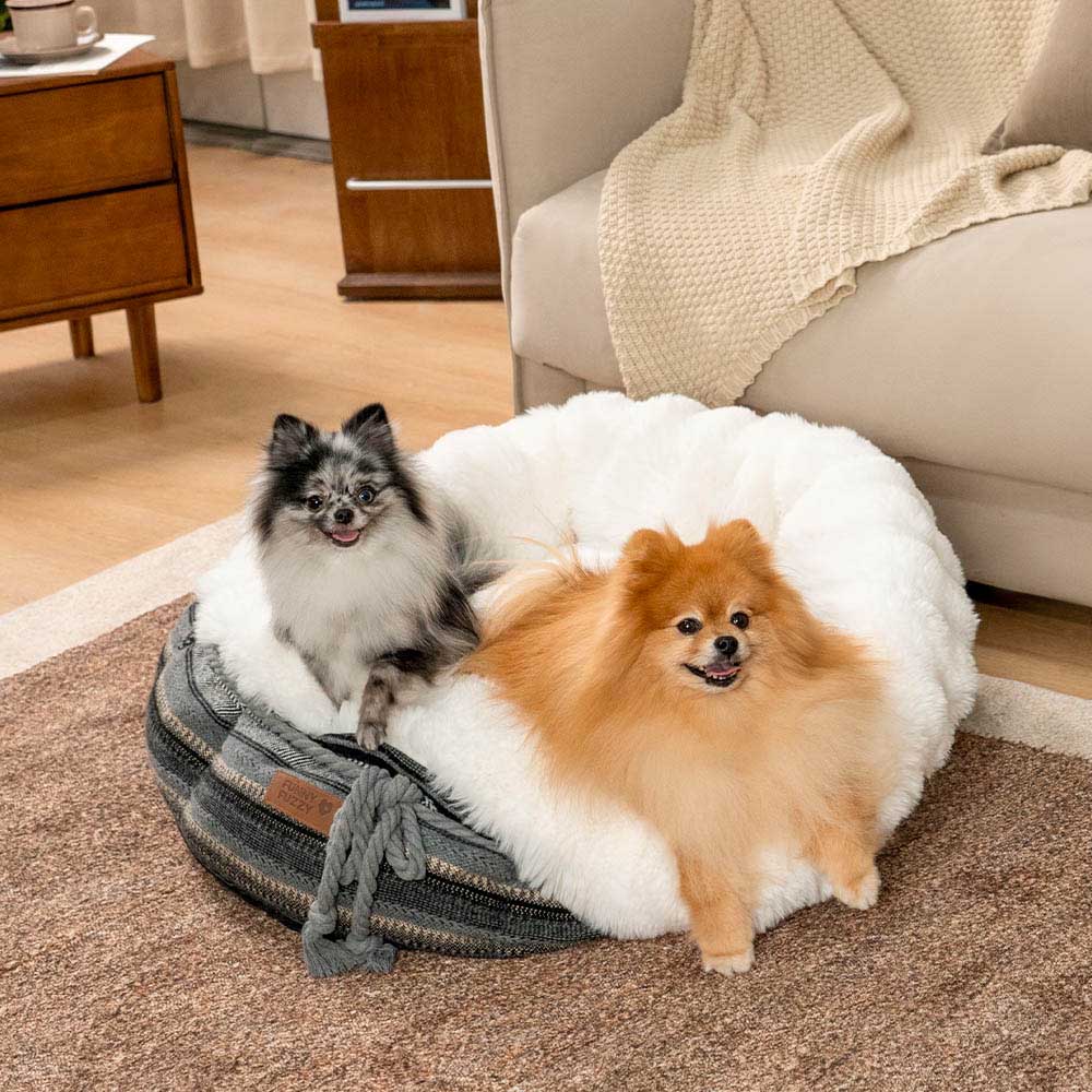 Lit pour chien en peluche Jacquard classique en forme de donut - Coin Douillet