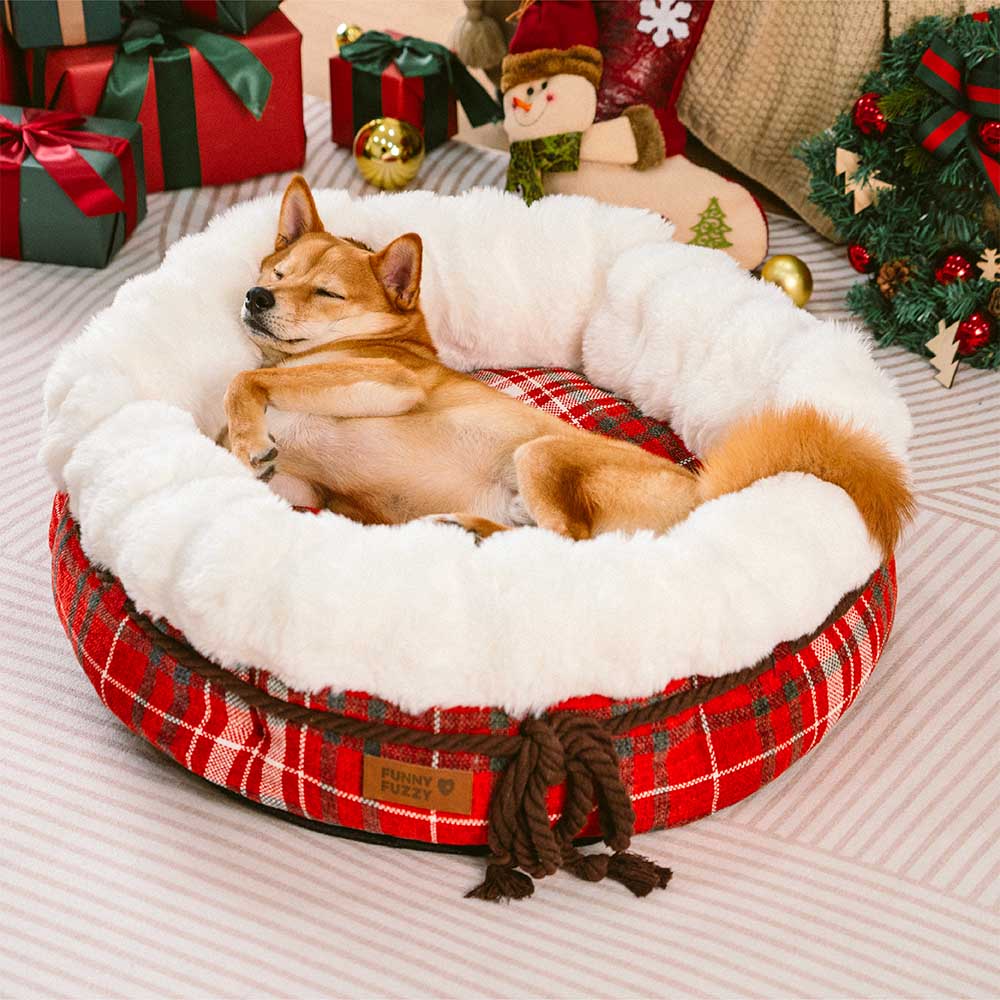 Lit pour chien en peluche Jacquard classique en forme de donut - Coin Douillet