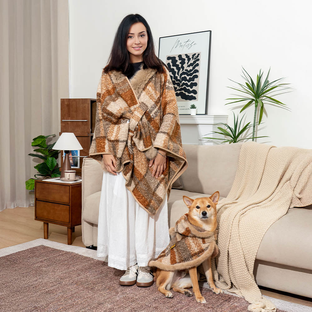 Poncho chaud à carreaux classique pour homme et chien - Compagnons festifs