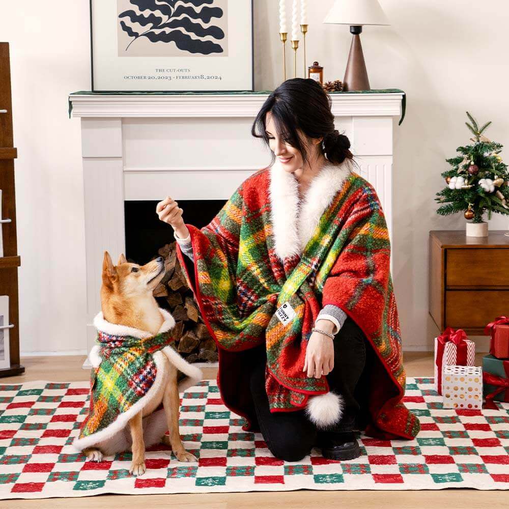 Poncho chaud à carreaux classique pour homme et chien - Compagnons festifs