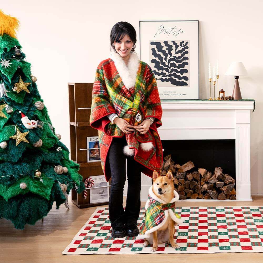 Poncho chaud à carreaux classique pour homme et chien - Compagnons festifs