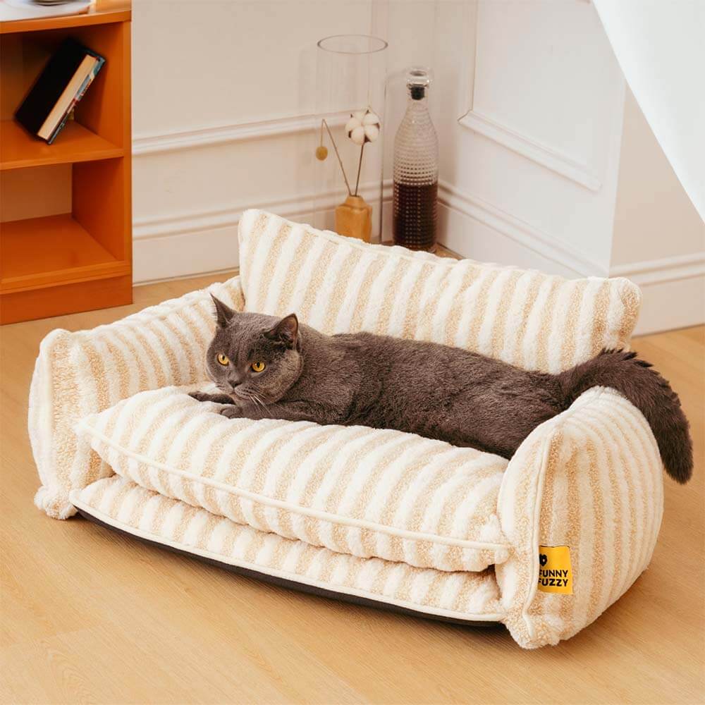 Canapé-lit double couche en fausse laine d'agneau à rayures pour chat tendance