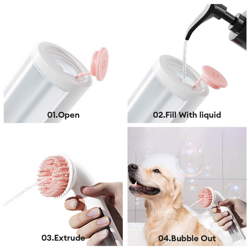 Brosse de bain massante avec distributeur de shampoing 2 en 1 pour chien