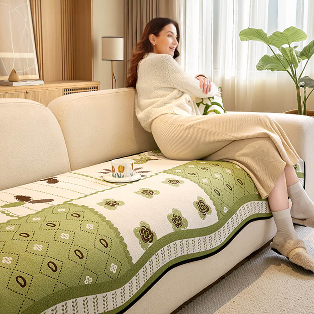 Housse de canapé antidérapante en tissu chenille résistant aux griffures style champêtre forme irrégulière