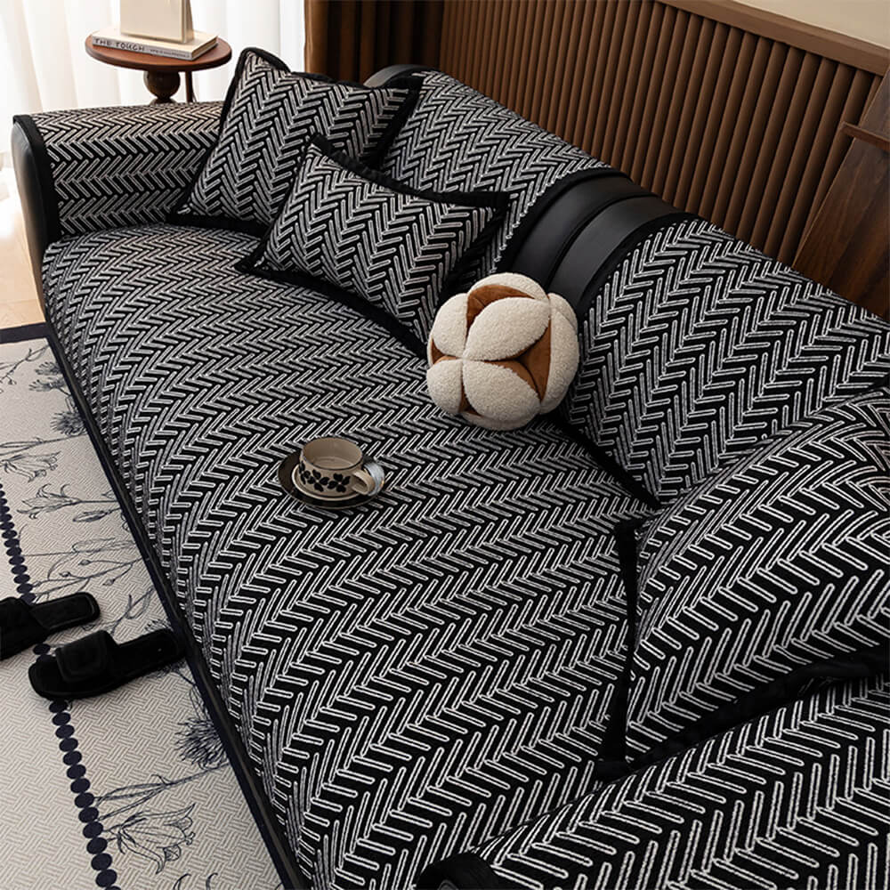 Housse de canapé en chenille chevron chic et moderne anti-rayures et antidérapante