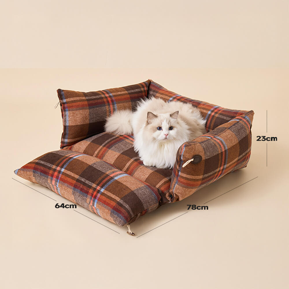 Lit réversible à carreaux doux et extensible pour chien et chat avec bouton en corne