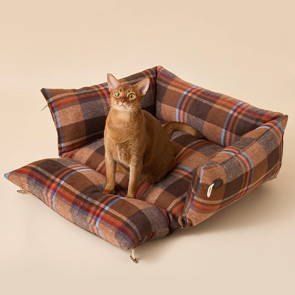 Lit réversible à carreaux doux et extensible pour chien et chat avec bouton en corne
