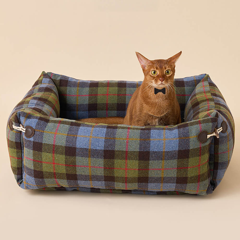 Lit réversible à carreaux doux et extensible pour chien et chat avec bouton en corne