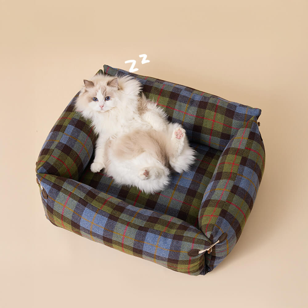 Lit réversible à carreaux doux et extensible pour chien et chat avec bouton en corne