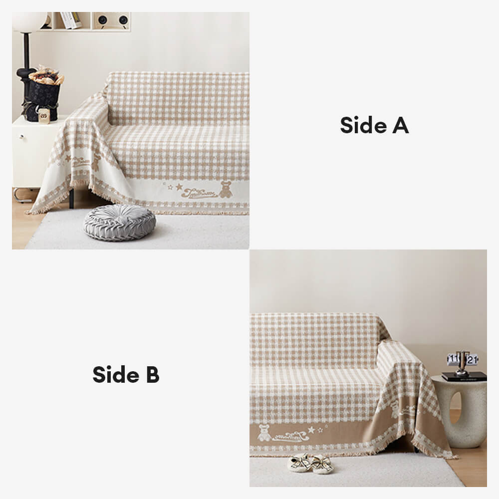 Housse de canapé en chenille motif vichy rétro avec franges décoratives