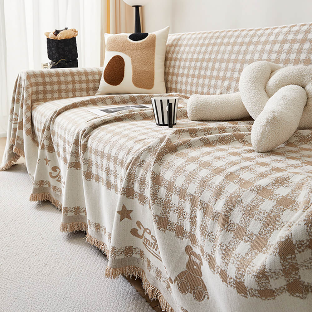 Housse de canapé en chenille motif vichy rétro avec franges décoratives
