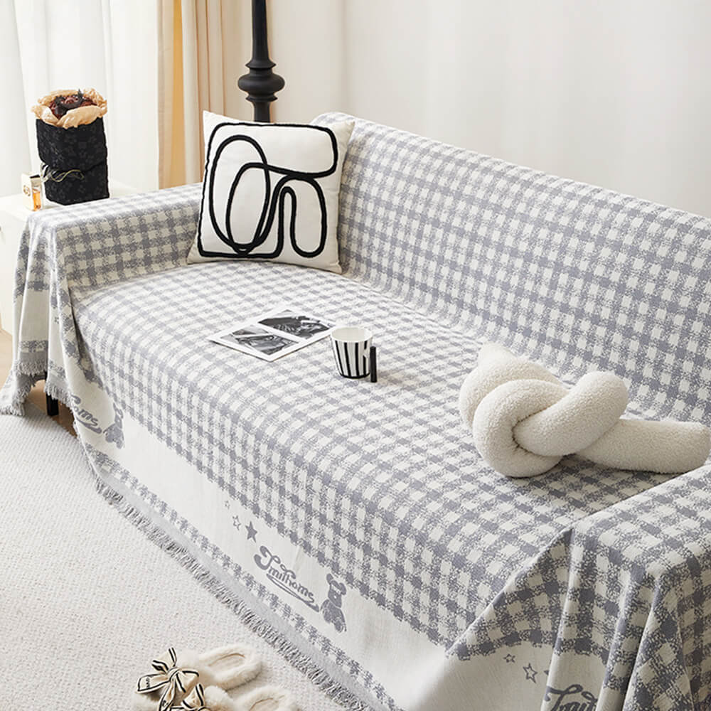 Housse de canapé en chenille motif vichy rétro avec franges décoratives