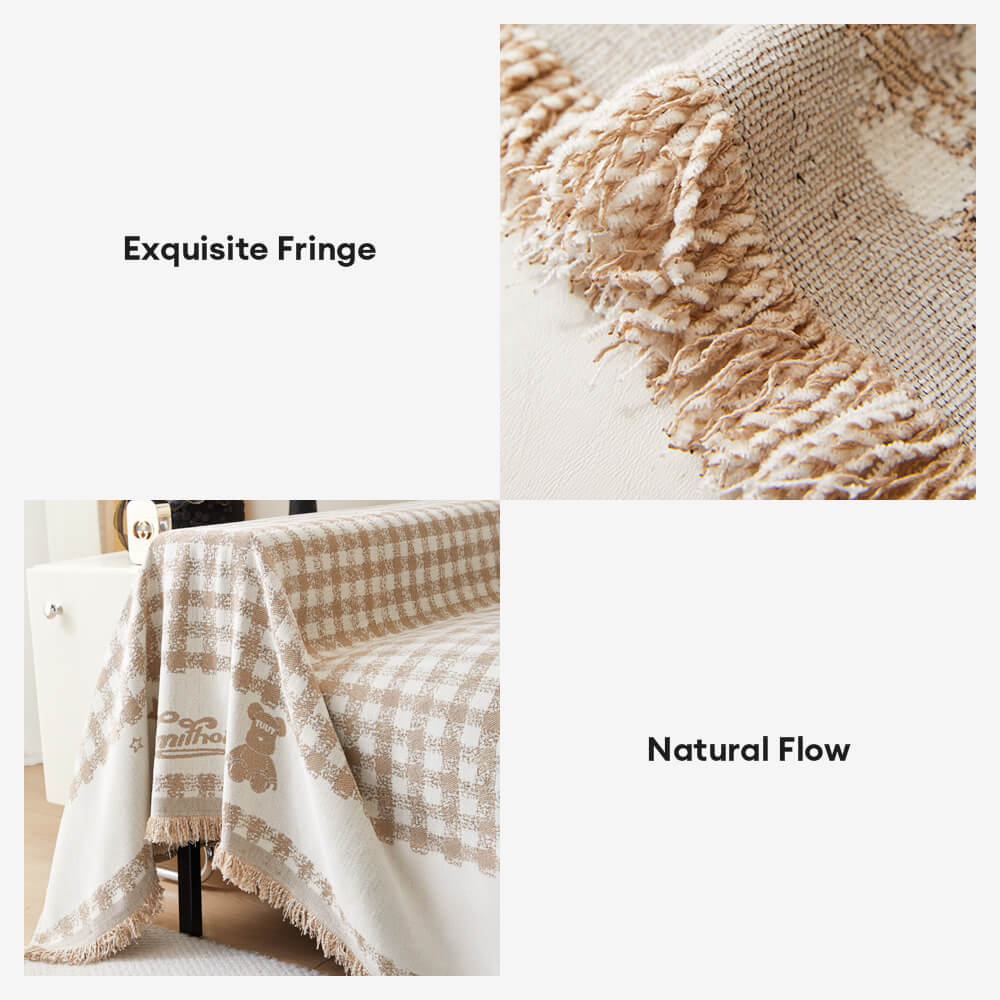 Housse de canapé en chenille motif vichy rétro avec franges décoratives