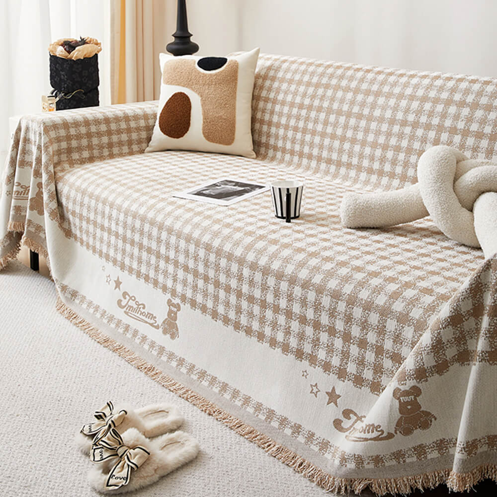 Housse de canapé en chenille motif vichy rétro avec franges décoratives
