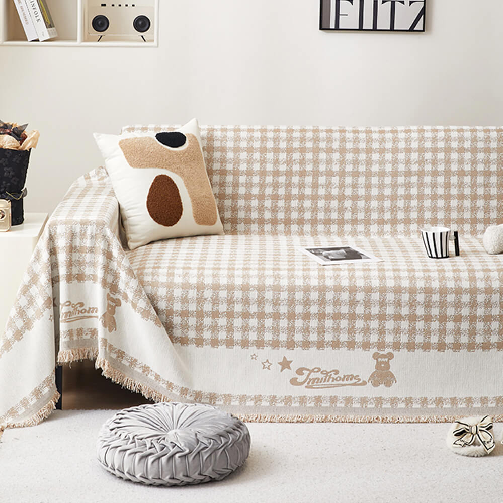 Housse de canapé en chenille motif vichy rétro avec franges décoratives