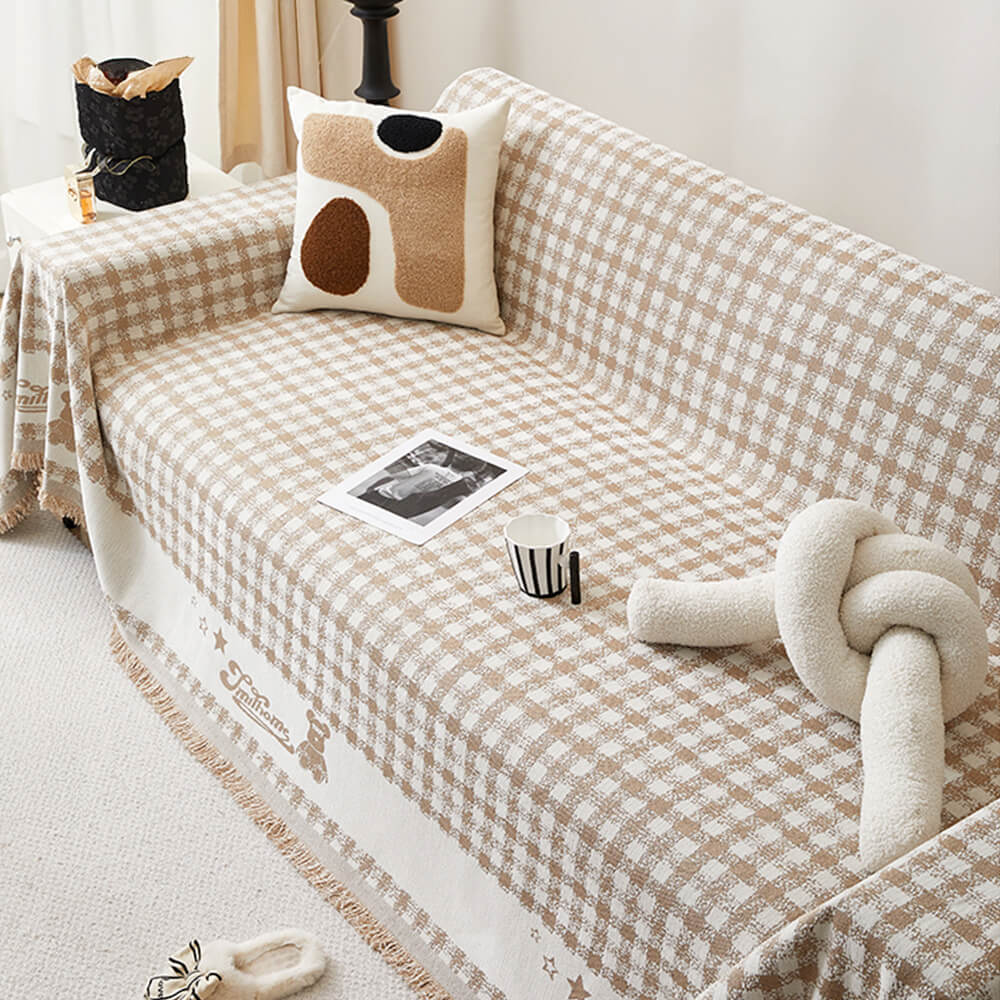 Housse de canapé en chenille motif vichy rétro avec franges décoratives