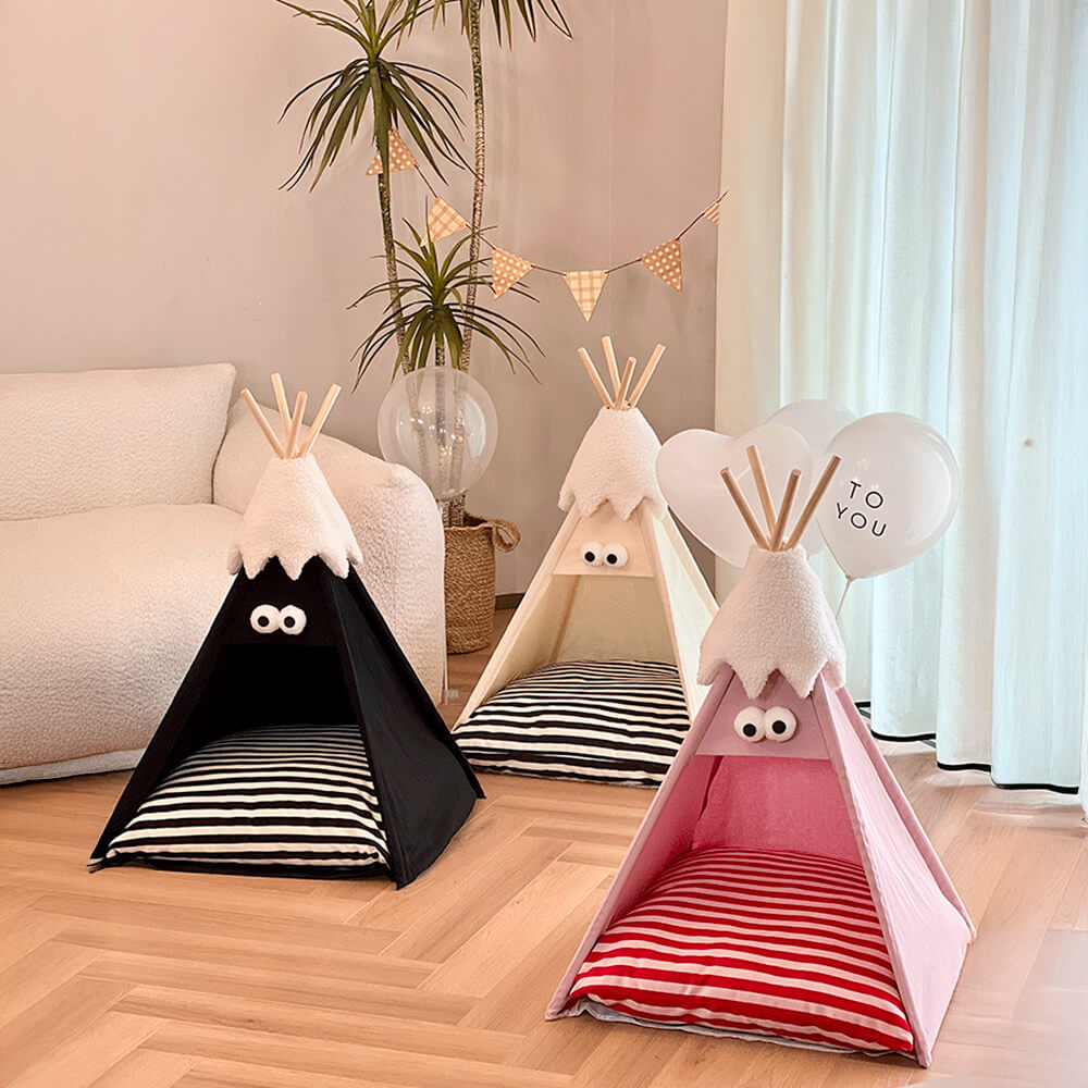 Tente semi-fermée rayée pour chiens et chats mignonne et amusante