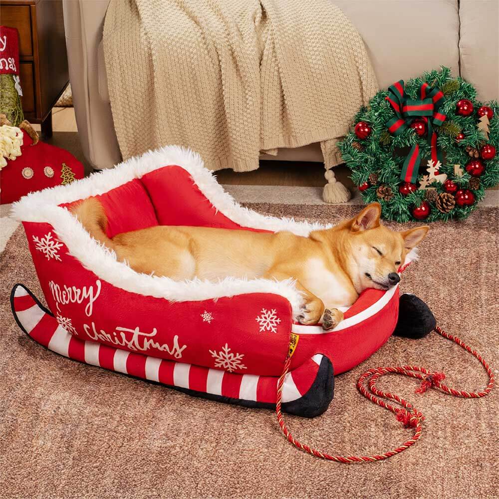 Lit douillet festif pour chien - Traîneau de Noël