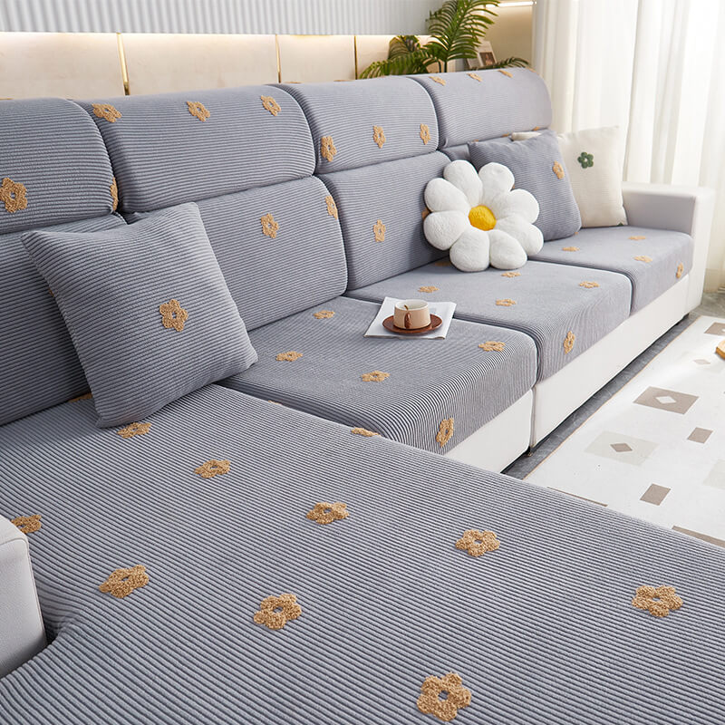 Housse de canapé en molleton extensible brodé fleurs protection anti rayures
