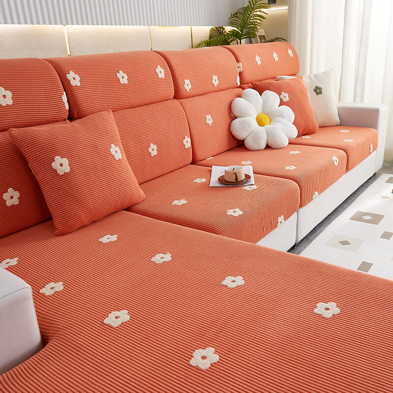 Housse de canapé en molleton extensible brodé fleurs protection anti rayures