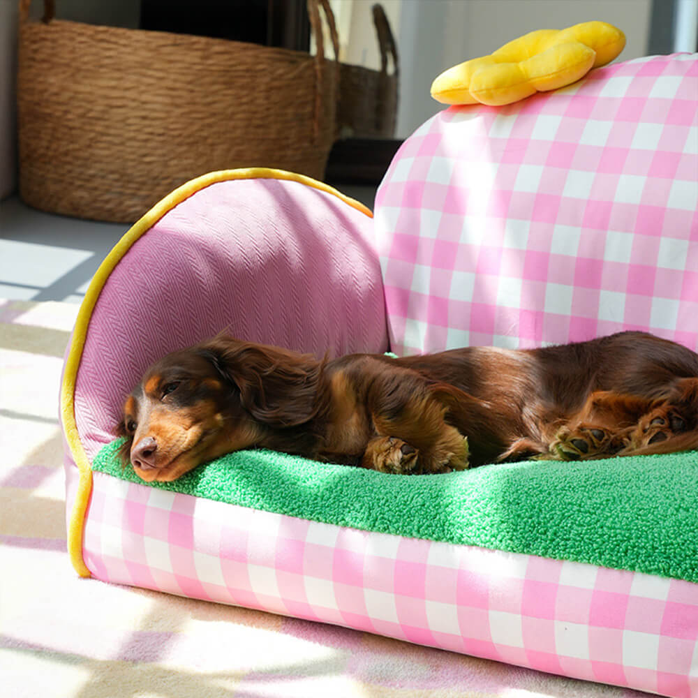 Canapé lit pour chien et chat motif à carreaux roses lavable et confortable