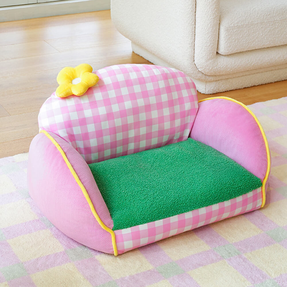 Canapé lit pour chien et chat motif à carreaux roses lavable et confortable
