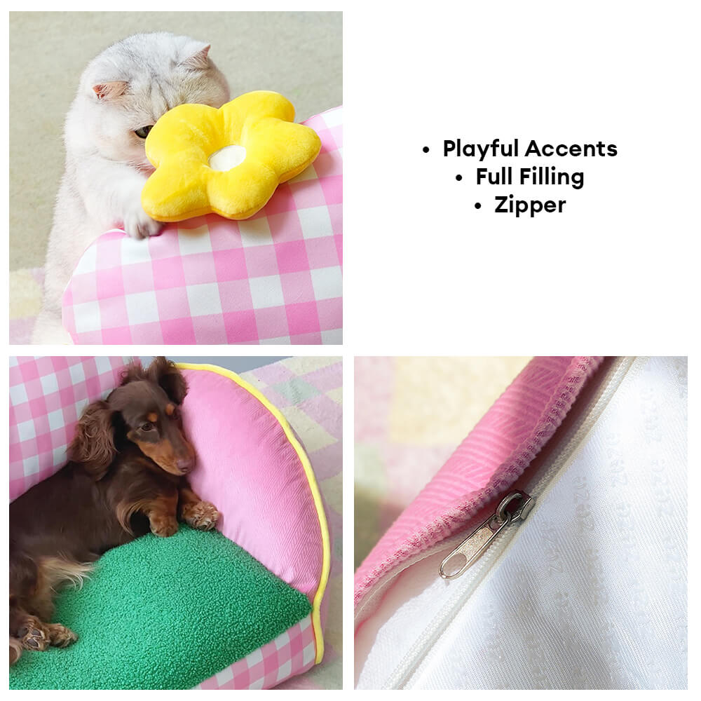Canapé lit pour chien et chat motif à carreaux roses lavable et confortable
