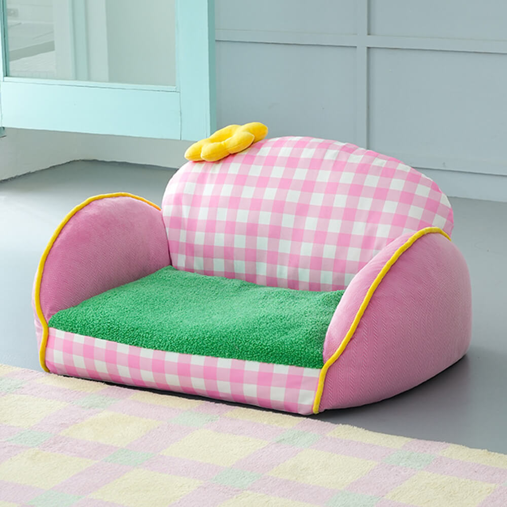 Canapé lit pour chien et chat motif à carreaux roses lavable et confortable