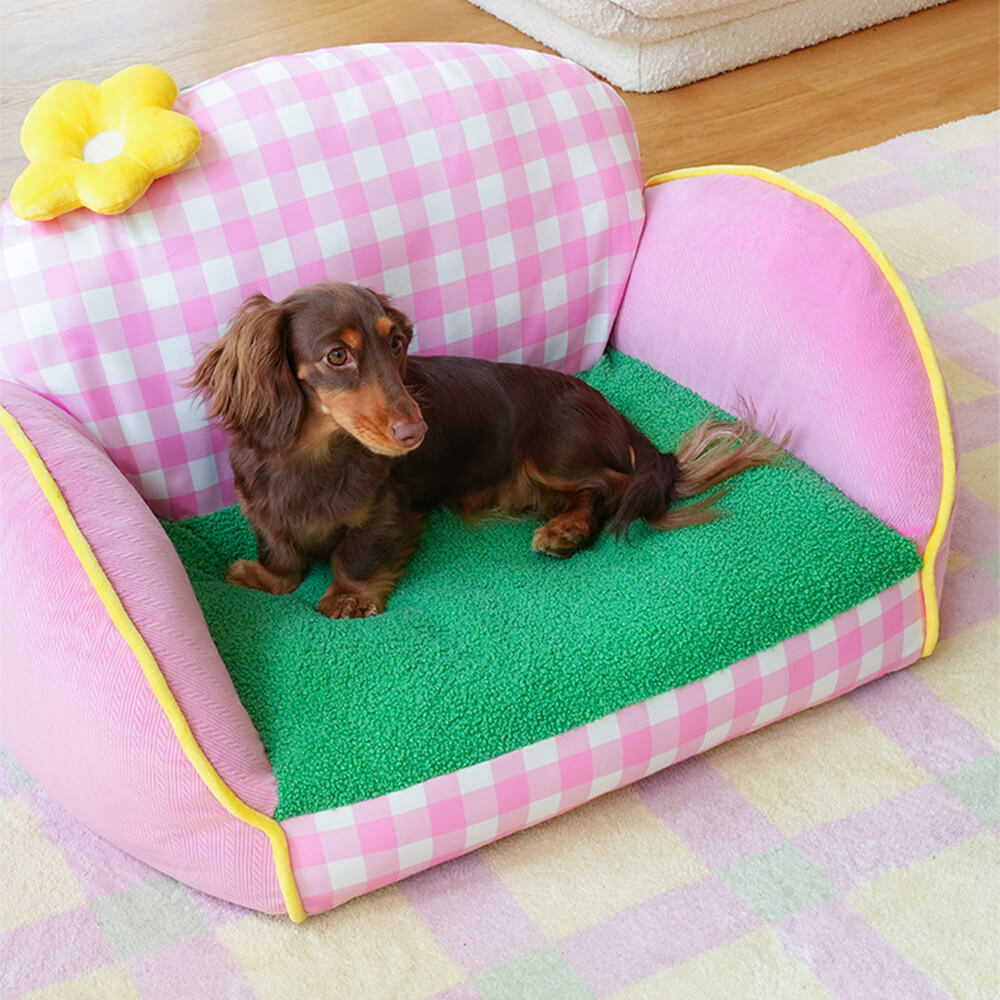 Canapé lit pour chien et chat motif à carreaux roses lavable et confortable
