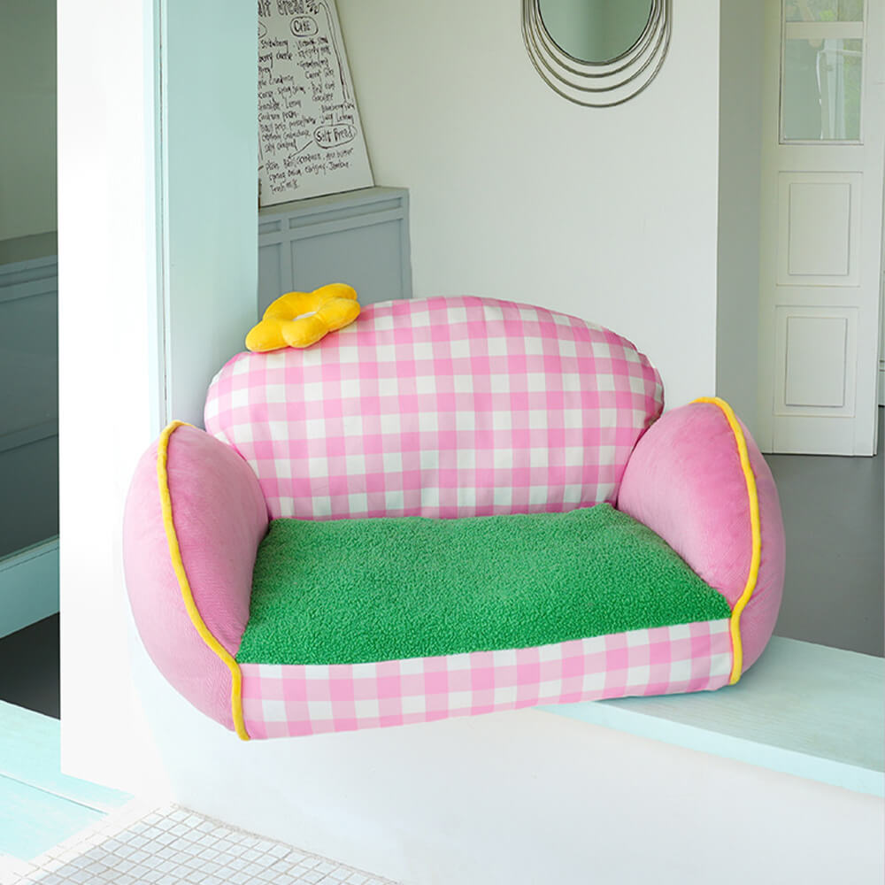 Canapé lit pour chien et chat motif à carreaux roses lavable et confortable