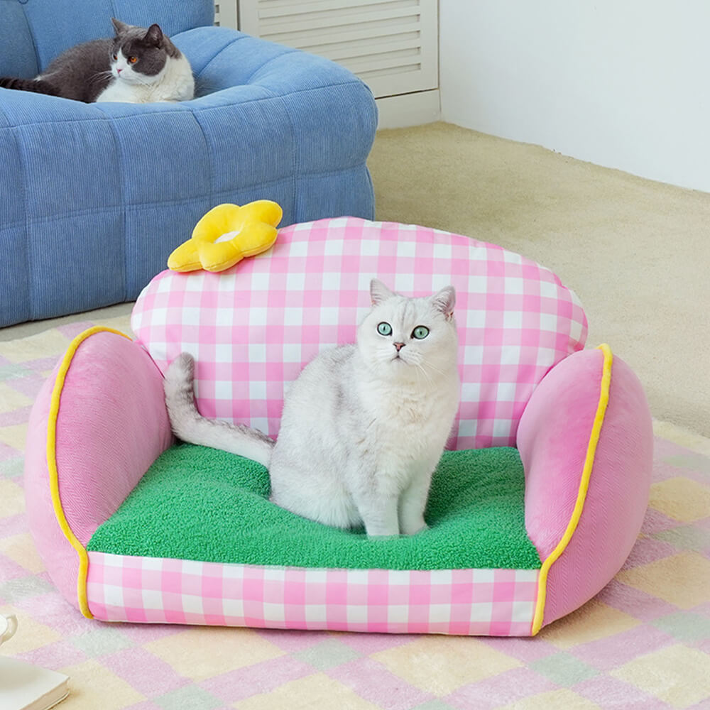 Canapé lit pour chien et chat motif à carreaux roses lavable et confortable