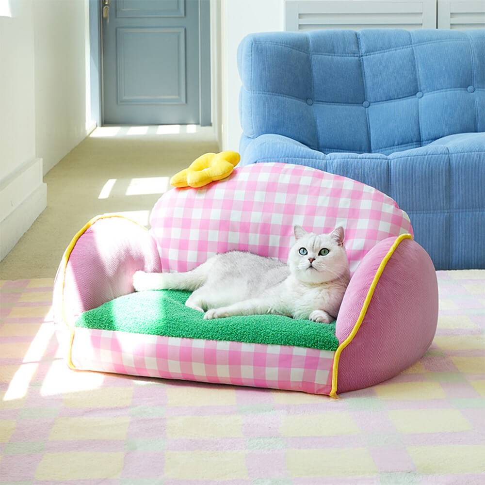 Canapé lit pour chien et chat motif à carreaux roses lavable et confortable