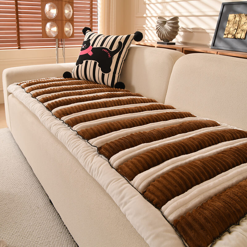 Housse de canapé en peluche épaisse rayée confortable et antidérapante