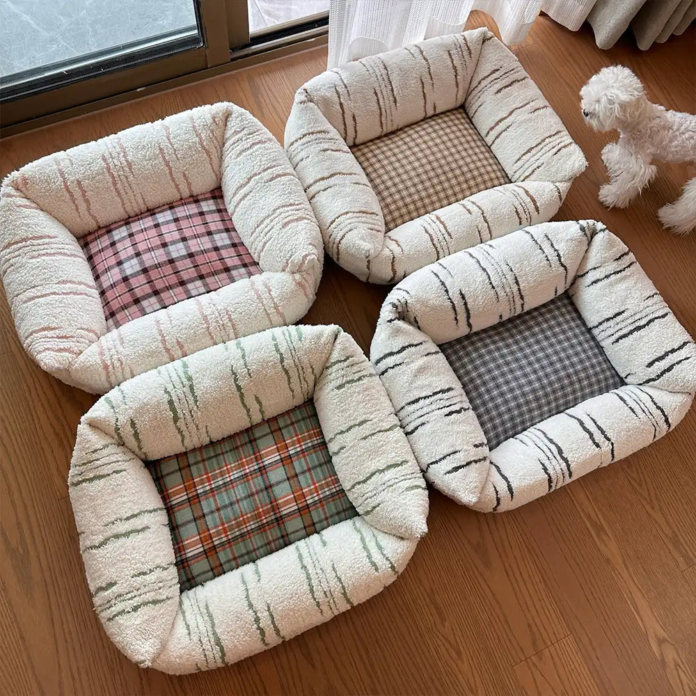 Lit pour chien moderne en plaid épais matelassé carré apaisant